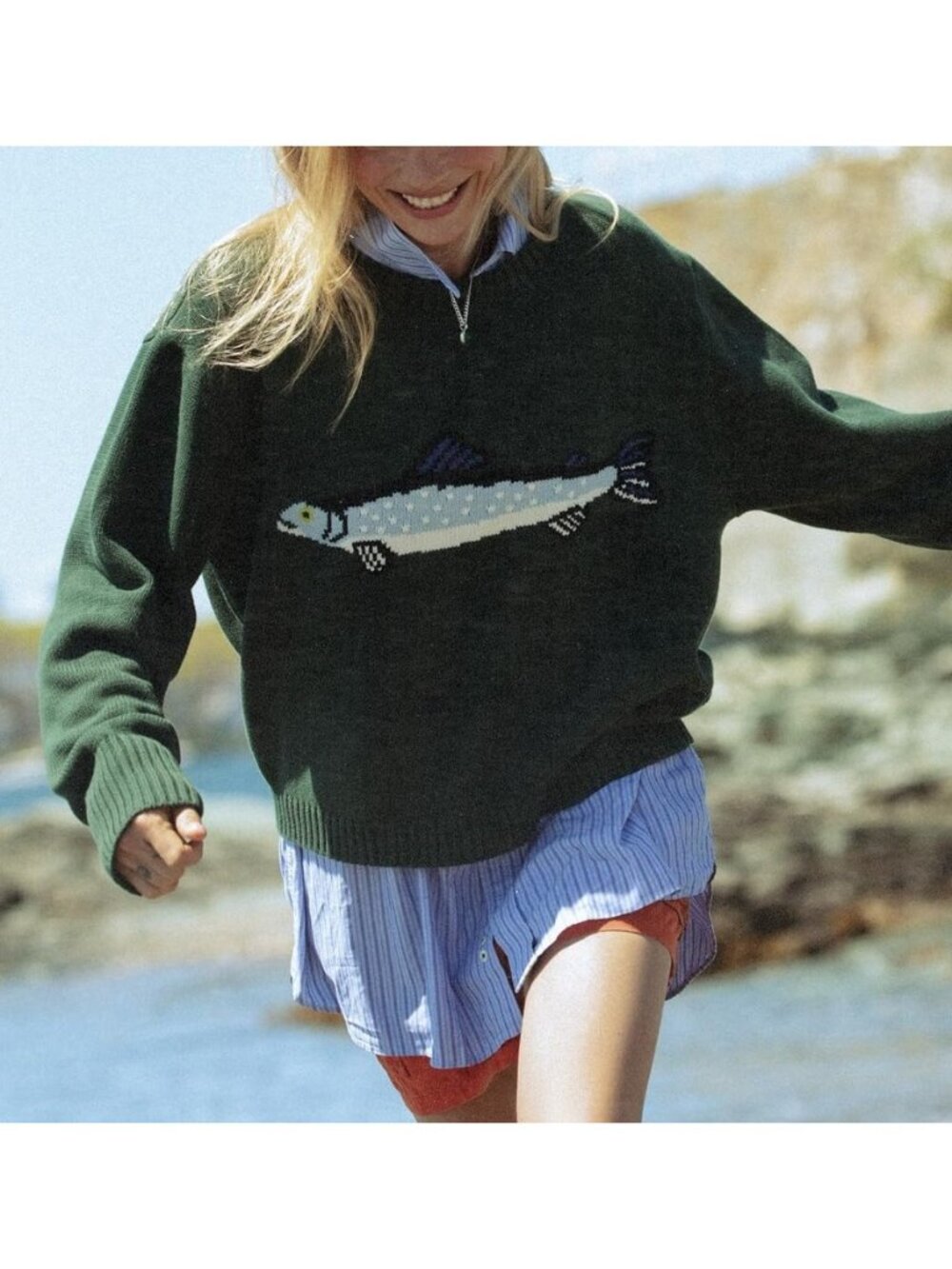 Y2k Fish Graphic Crochet Chunky Sweater Women Vintage Cottagecore Oversized